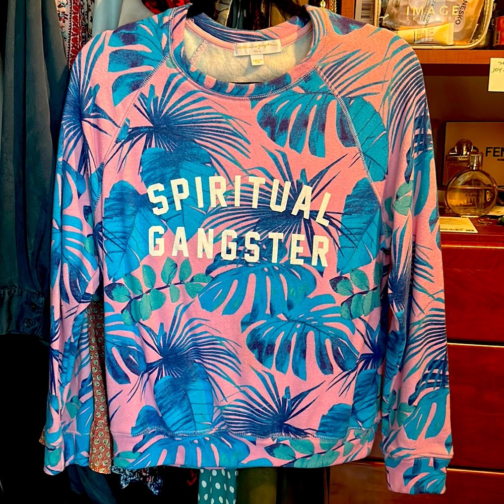 Spiritual Gangster Small- pull over - palm print pink and teal sweater